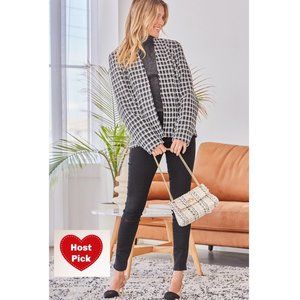 Classic Tweed Blazer Black & White Plaid Open Front Collarless Long Sleeves